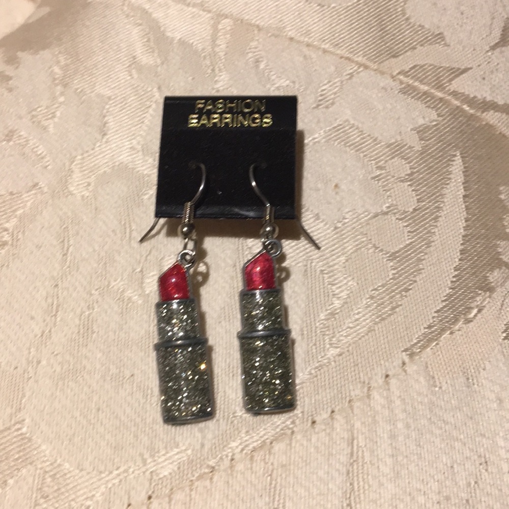 Adorable bejeweled lipstick pierced drop earrings